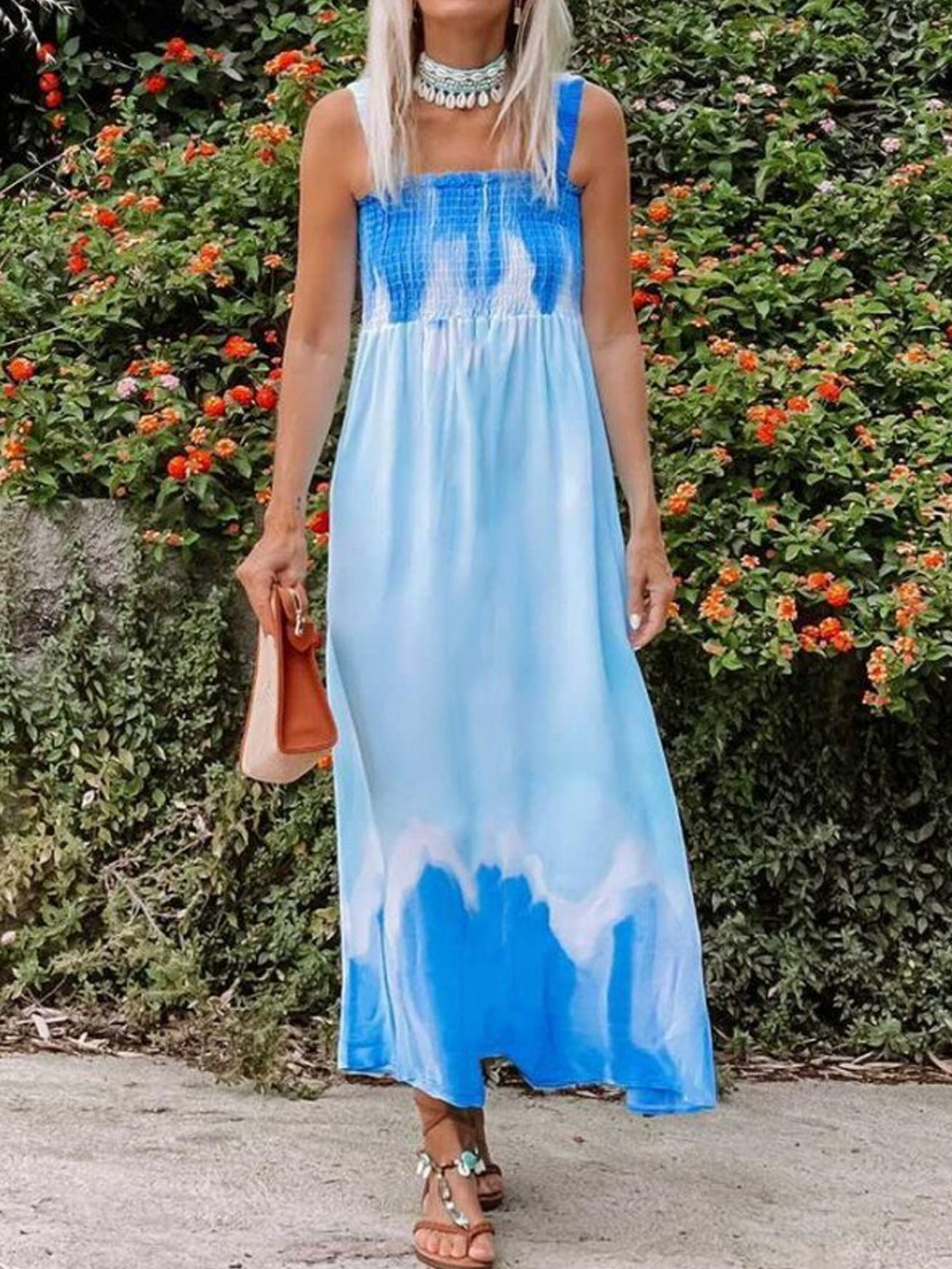 Vintage Loose Tie Dye Print Sleeveless Beach Resort Maxi Dress