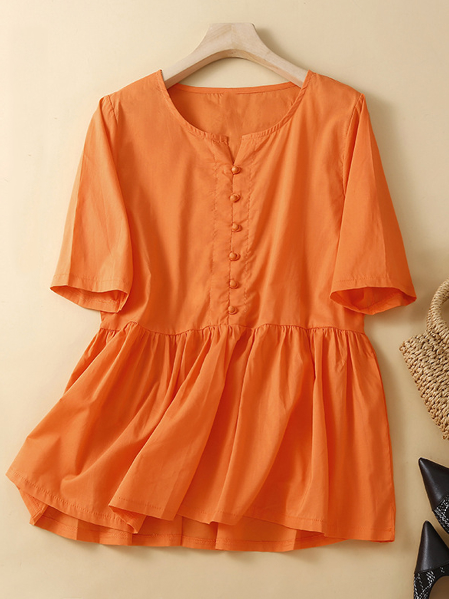 Casual Retro Solid Color Round Neck Short Sleeve Blouse