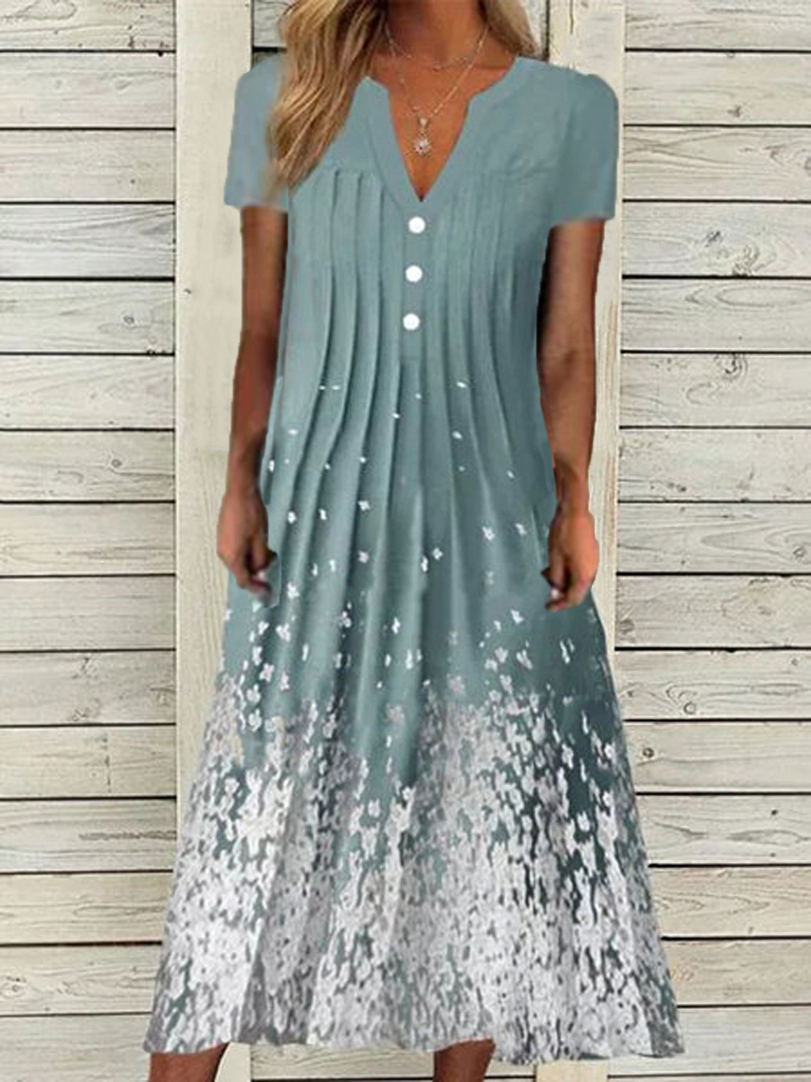 Vintage Casual Floral Print V Neck Short Sleeve Midi Dress