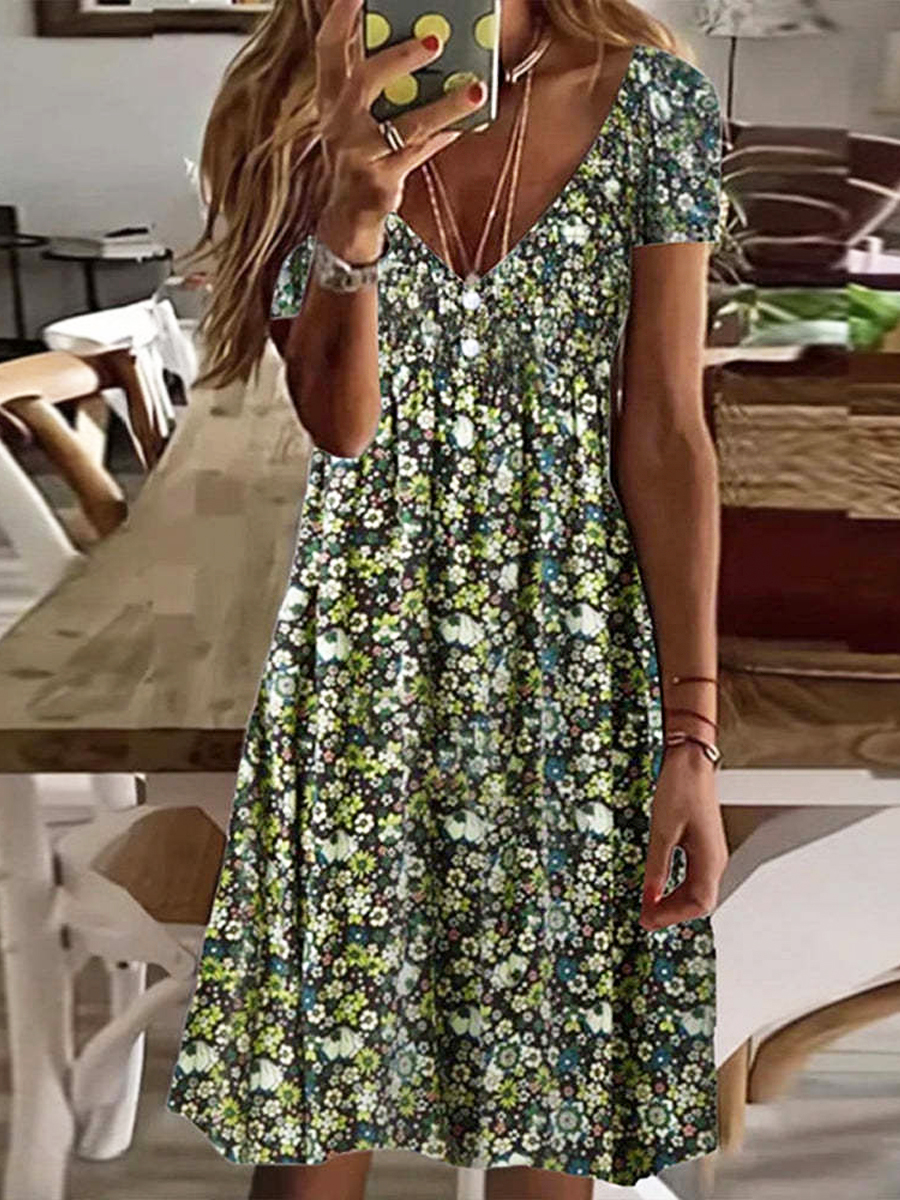 Casual Floral Print V Neck Short Sleeve Short Dress