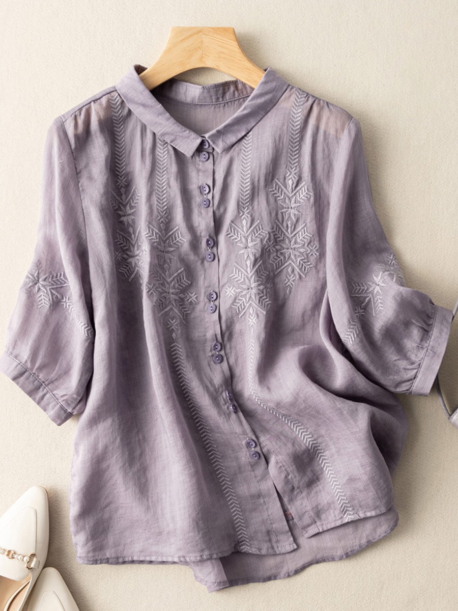 Casual Vintage Embroidered Lapel Half Sleeve Blouse