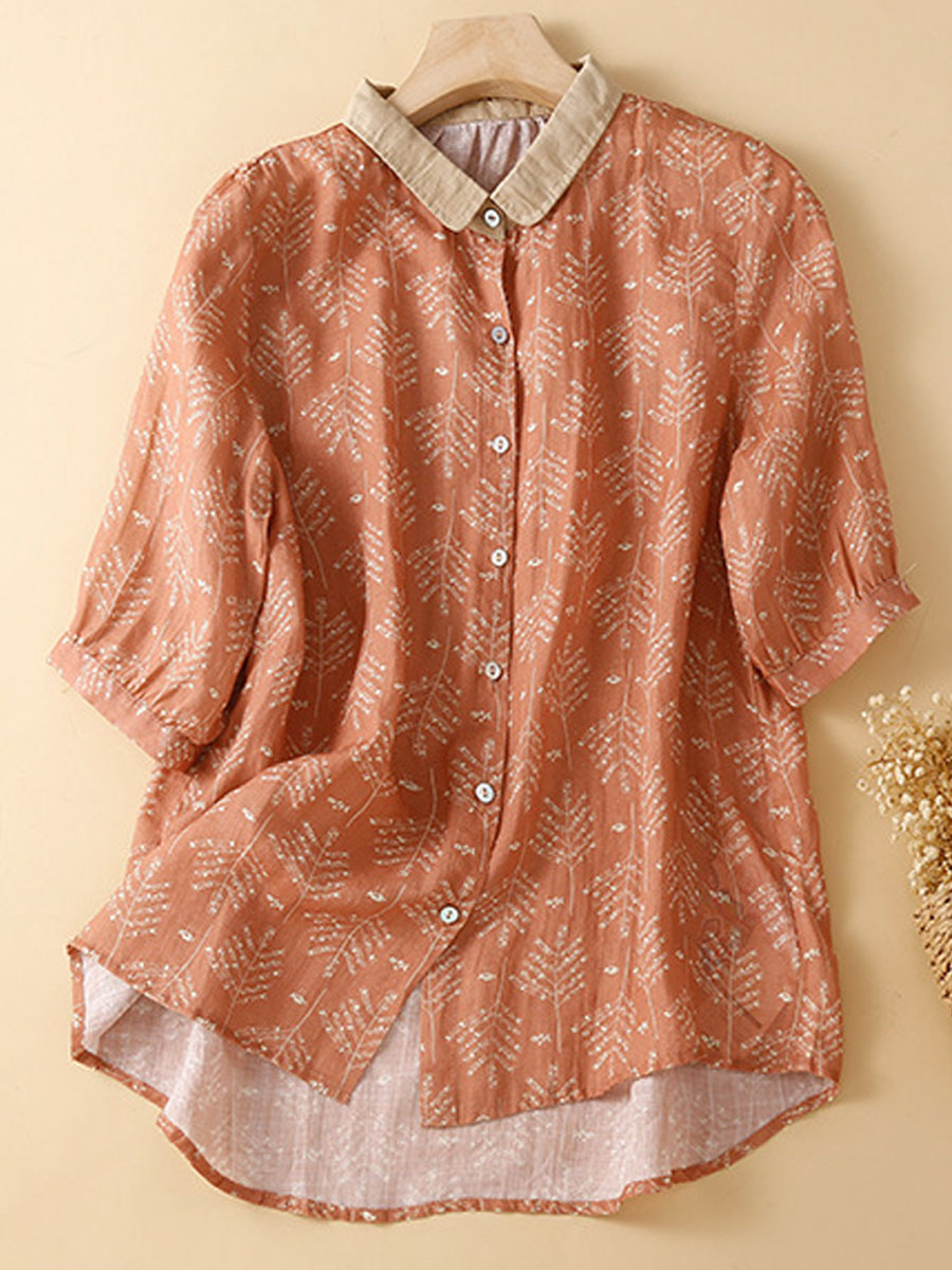 Casual Loose Leaf Print Short Sleeve Blouse