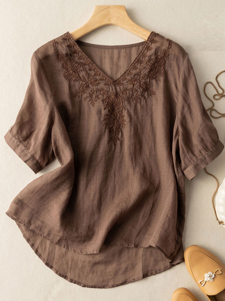V neck Embroidered Casual Loose Short Sleeve Blouse