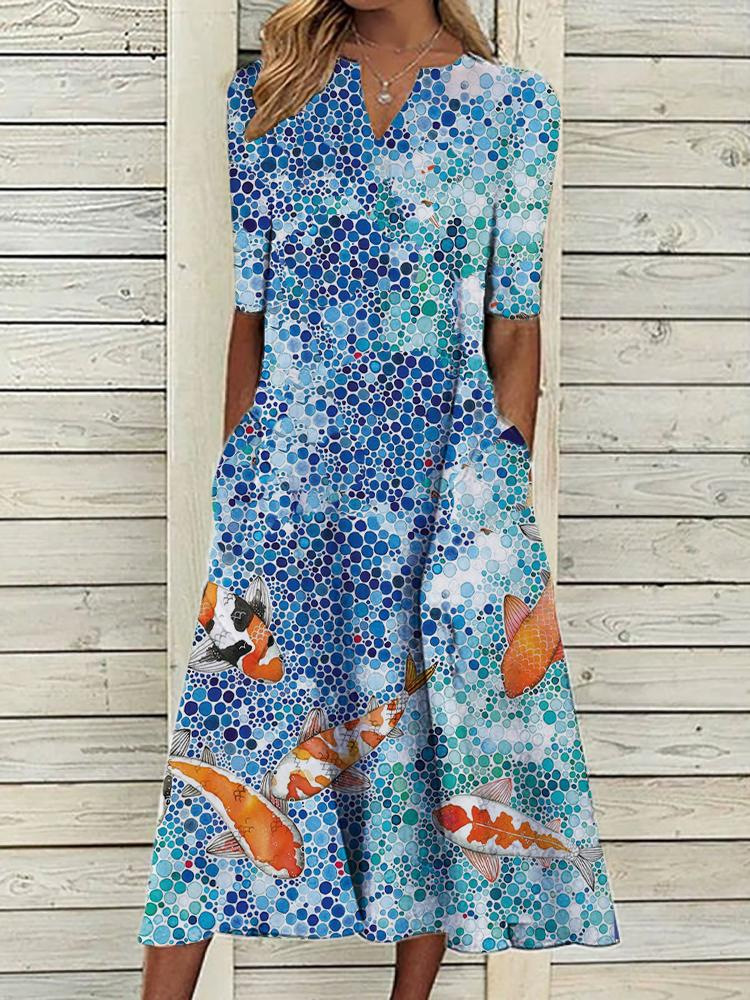 V neck Casual Loose Floral Print Resort Short Sleeve Midi Dress
