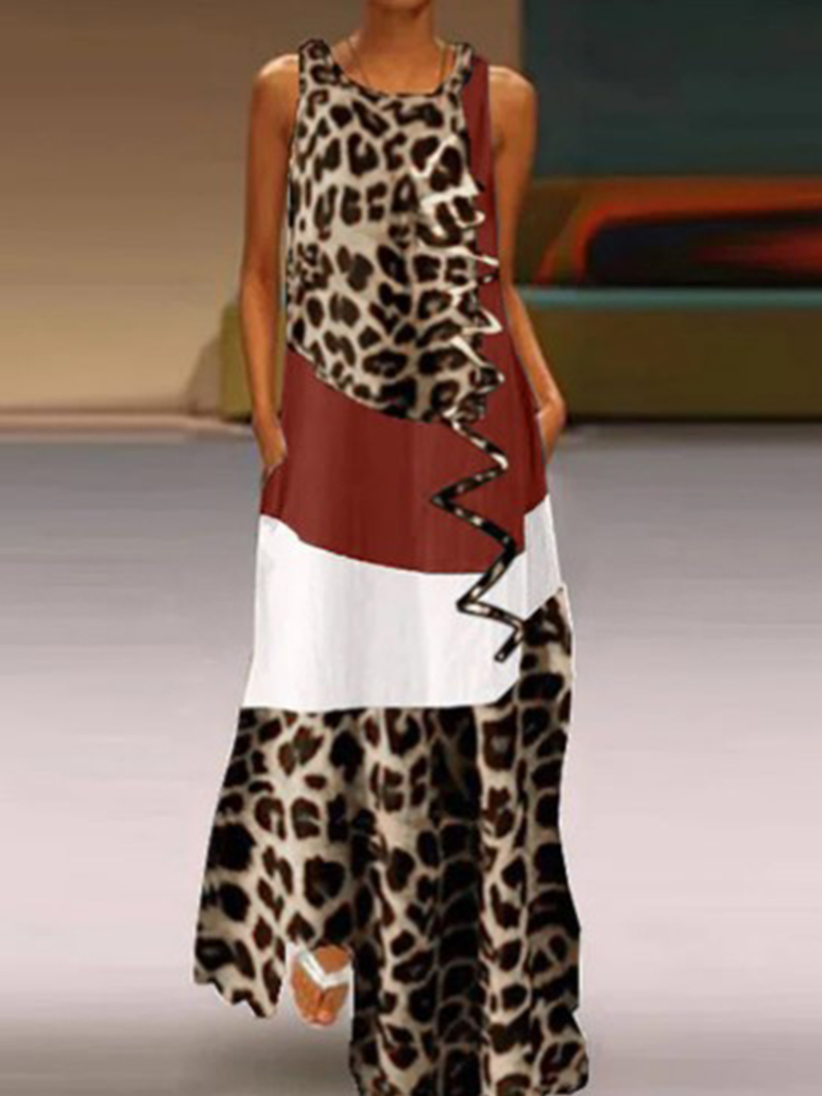 Casual Crew Neck Leopard Print Dress
