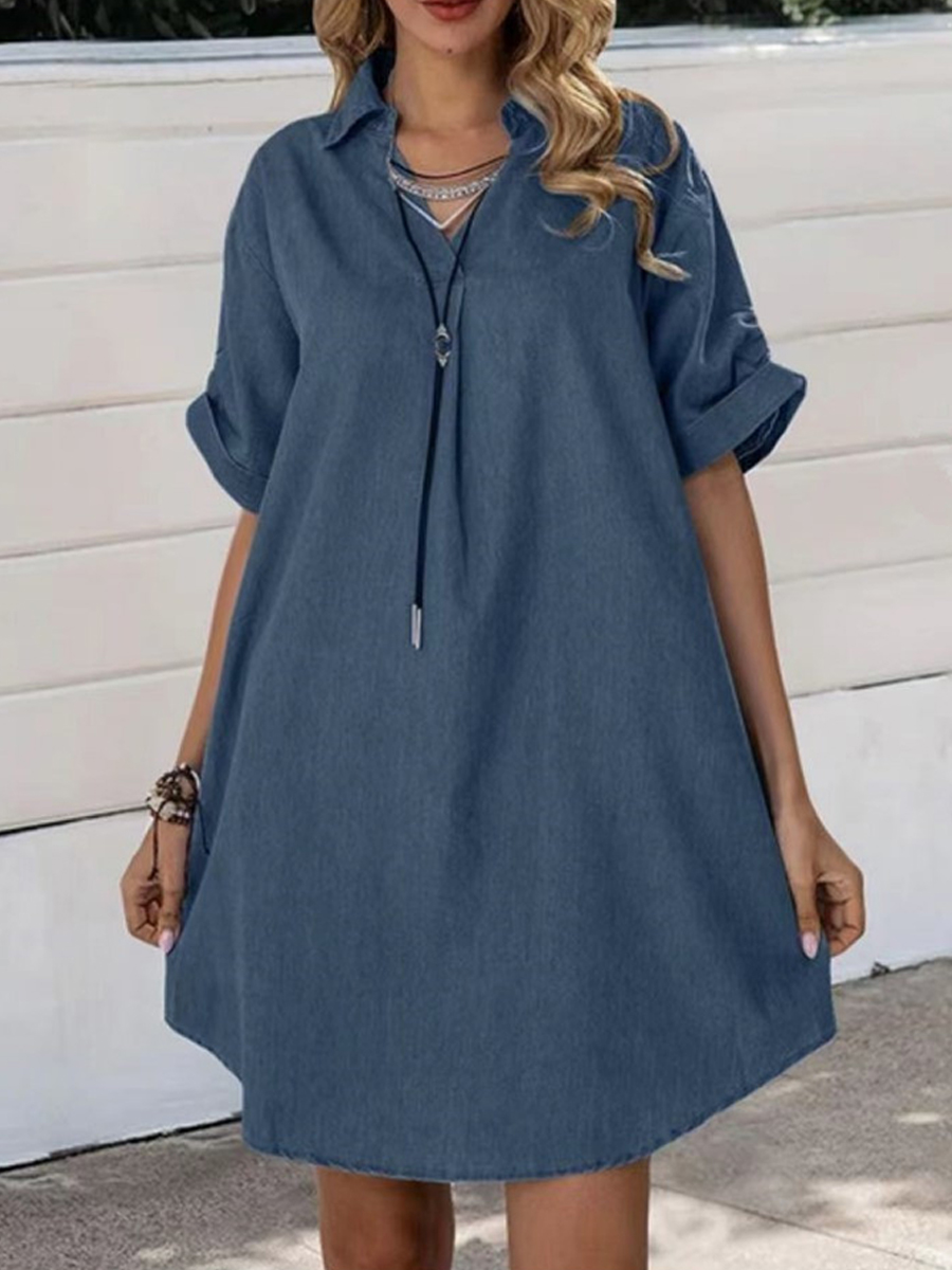 Fashion Casual V Neck Lapel Denim Short Sleeve Dress