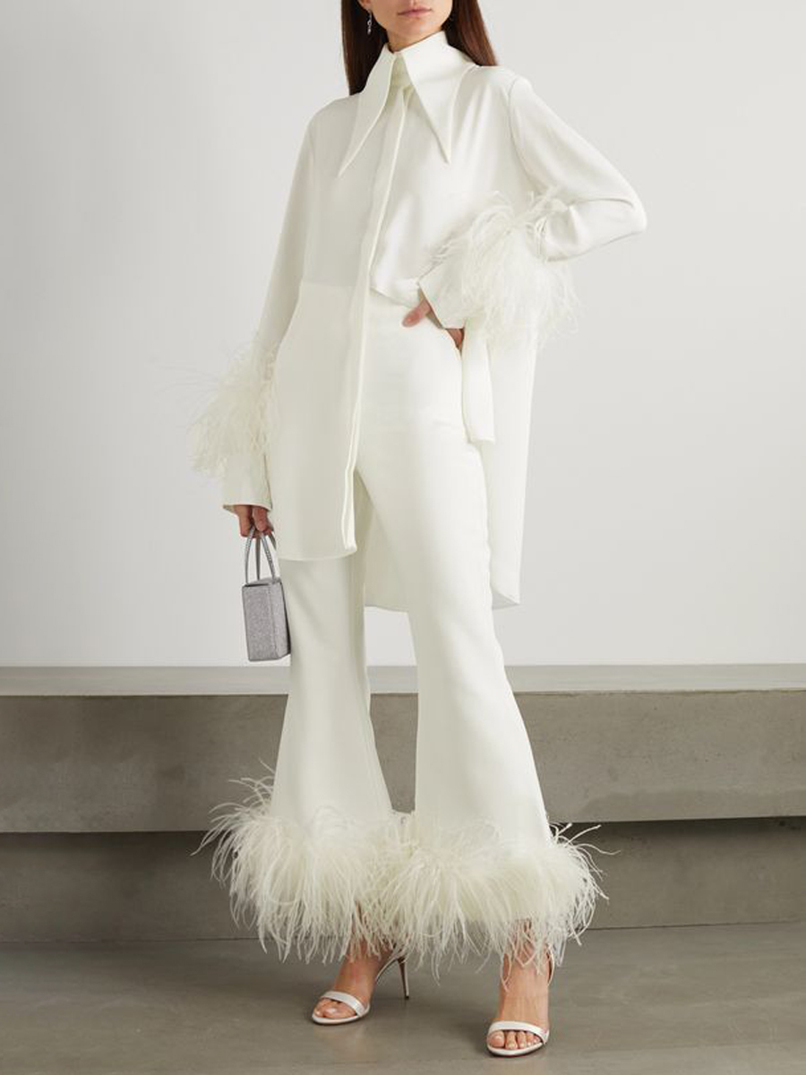 Women's Fashionable Elegant Pure White Chiffon Stand Collar Feather Long Sleeve Flared Pants Suit