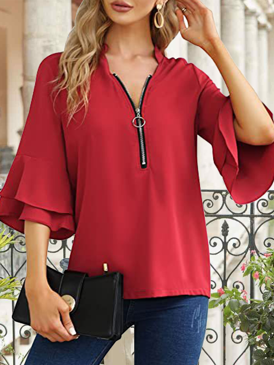 Flared Sleeve V Neck Zipper Casual Blouse