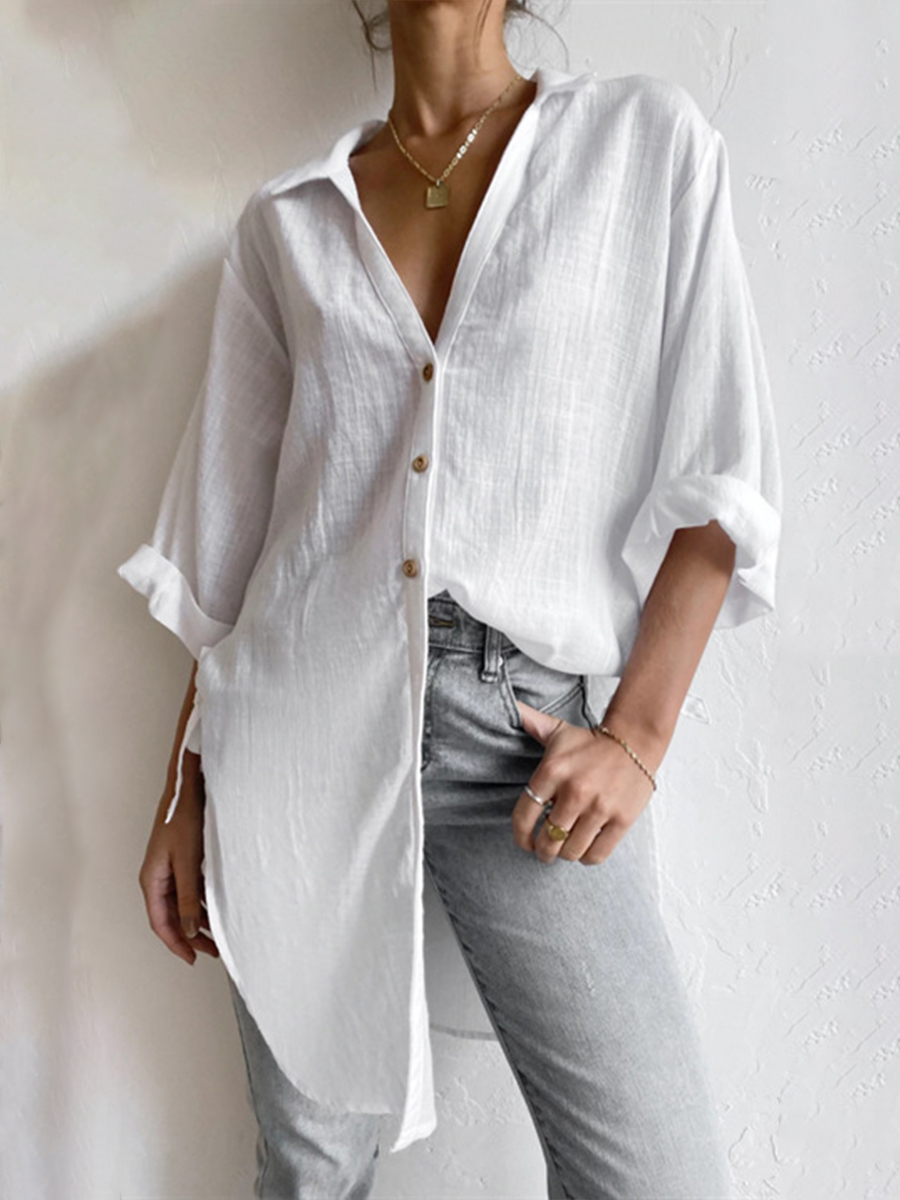 Fashion Casual Solid Color Cotton Linen Blouse