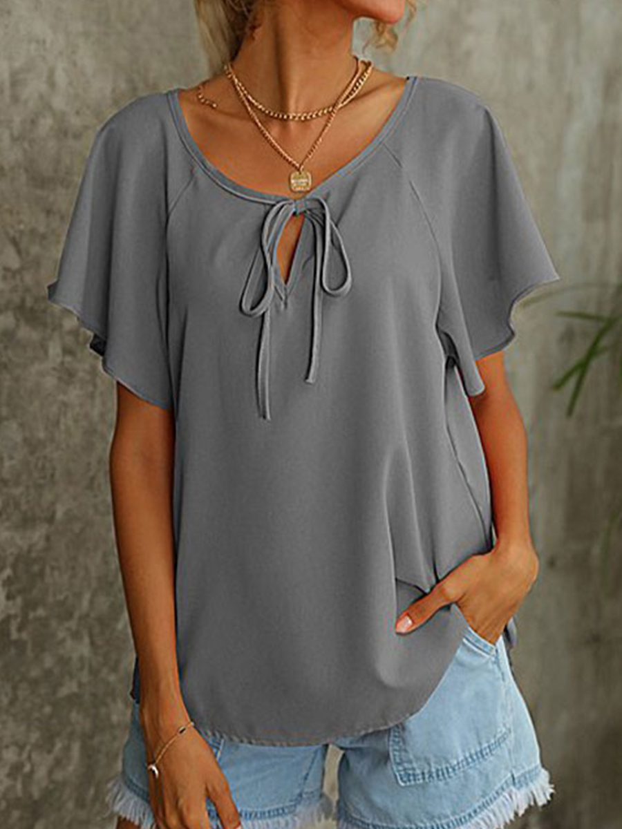 Summer Fashion Solid Color V Neck Short Sleeve Blouse