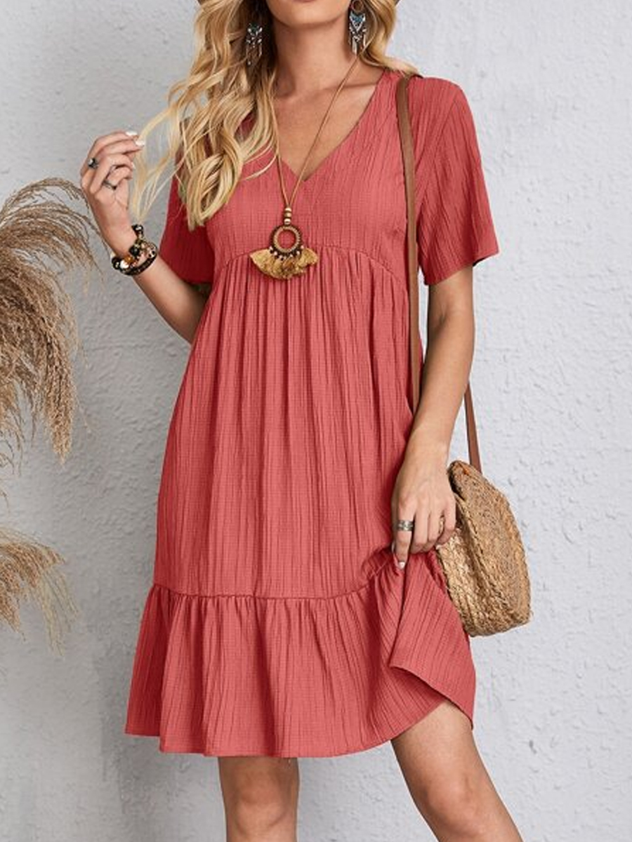 Casual Solid Color V Neck Short Sleeve Short Dress