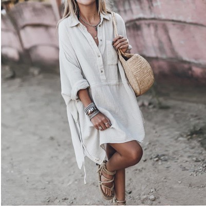 Womens Casual Loose Cotton And Linen Deep V neck Dress
