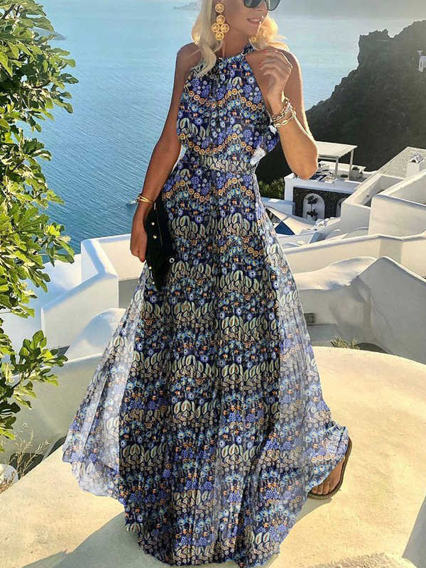 Ladies Elegant Round Neck Sleeveless Print Pleated Dress