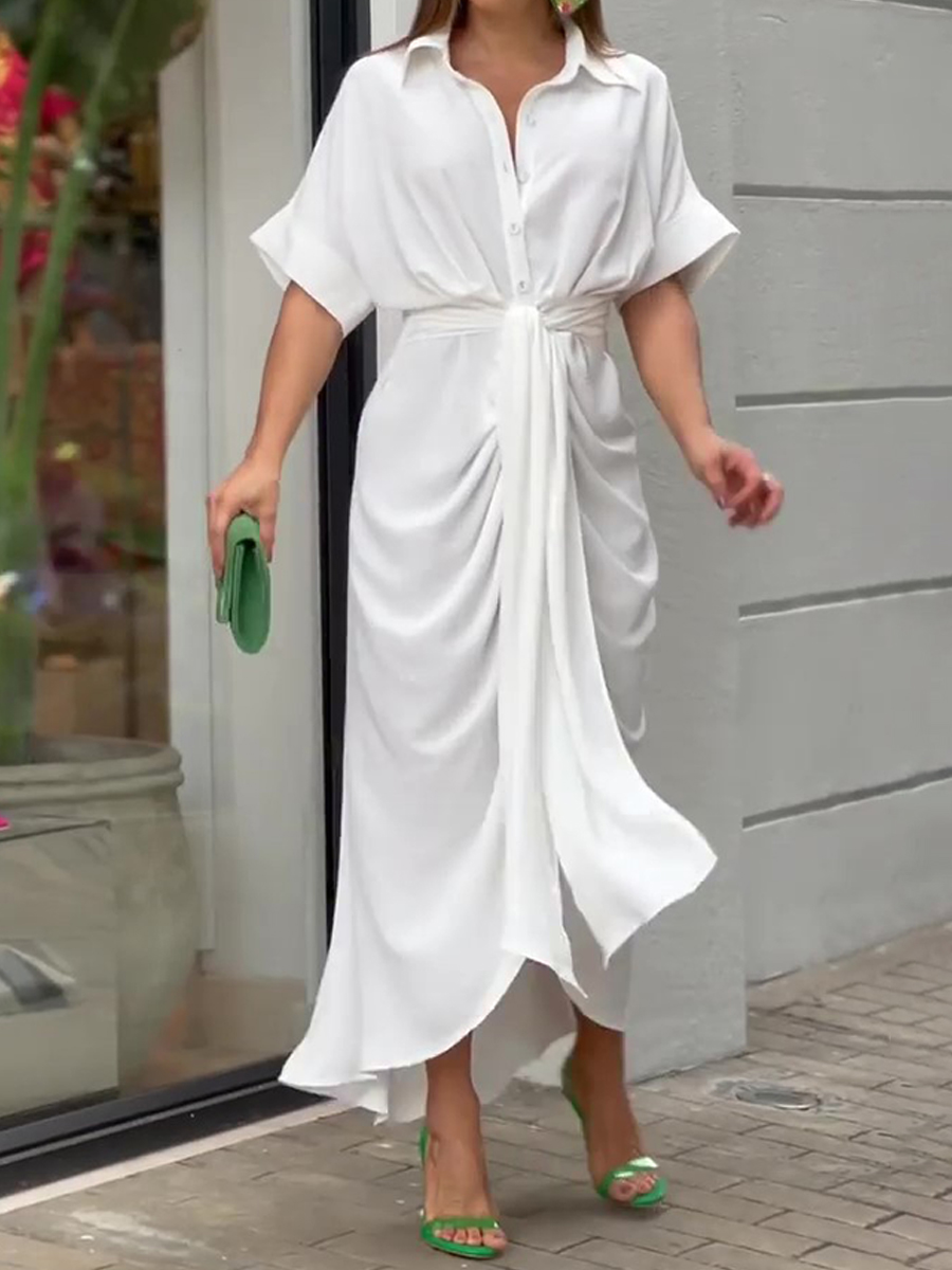 Lapel Mid Length Short Sleeve Single Breasted High Waist Shirt Dress