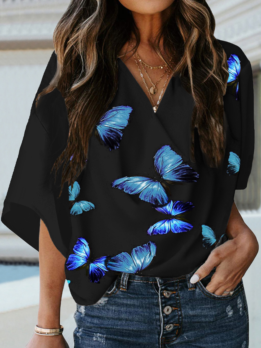 Casual Vintage Print V Neck Half Sleeve Blouse