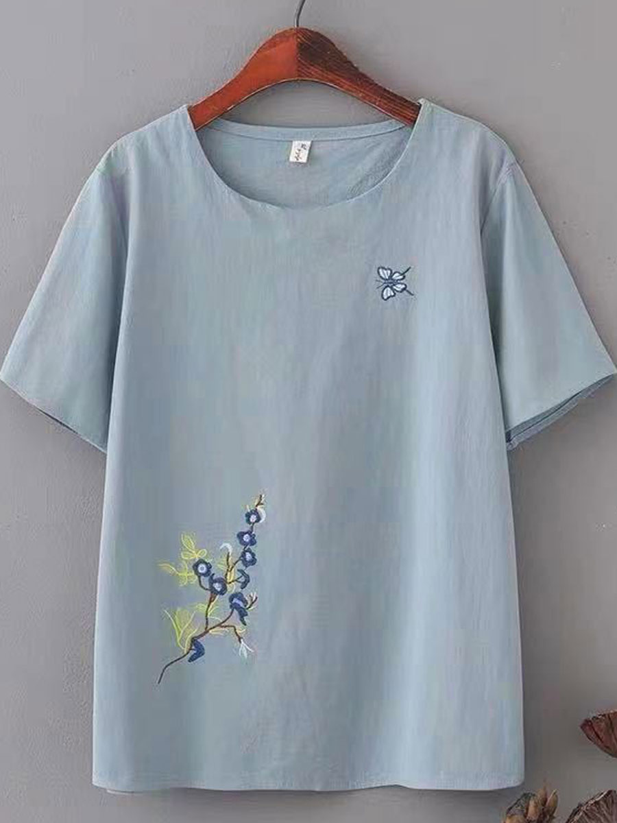 Round Neck Casual Loose Embroidered Short Sleeve Blouse