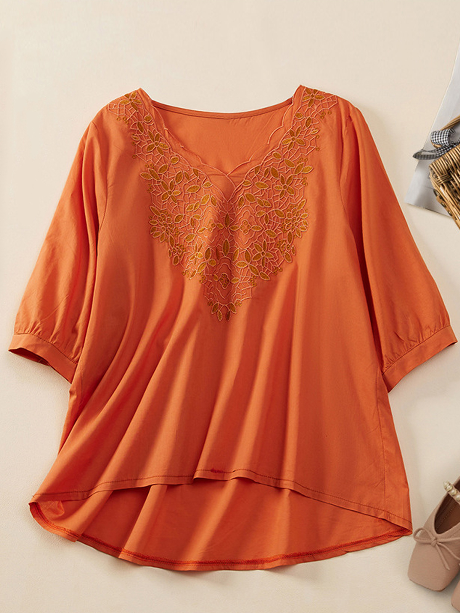 Casual Loose Embroidered Lace V Neck Short Sleeve Blouse