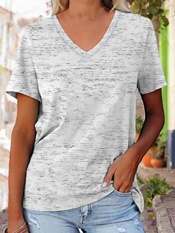 Casual Solid Color V-Neck Short Sleeve T-Shirt - Oasisjoy.com 