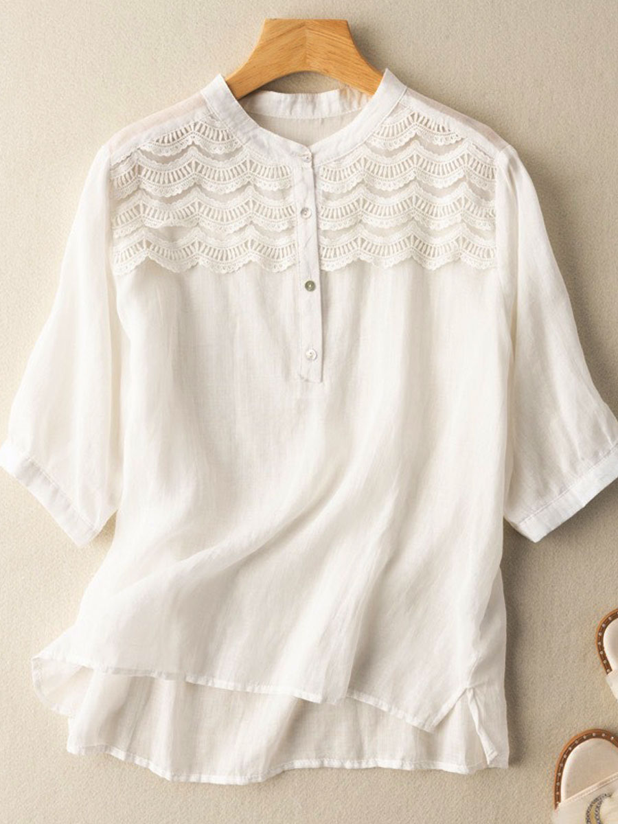 Casual Loose Solid Color Lace Panel Short Sleeve Blouse