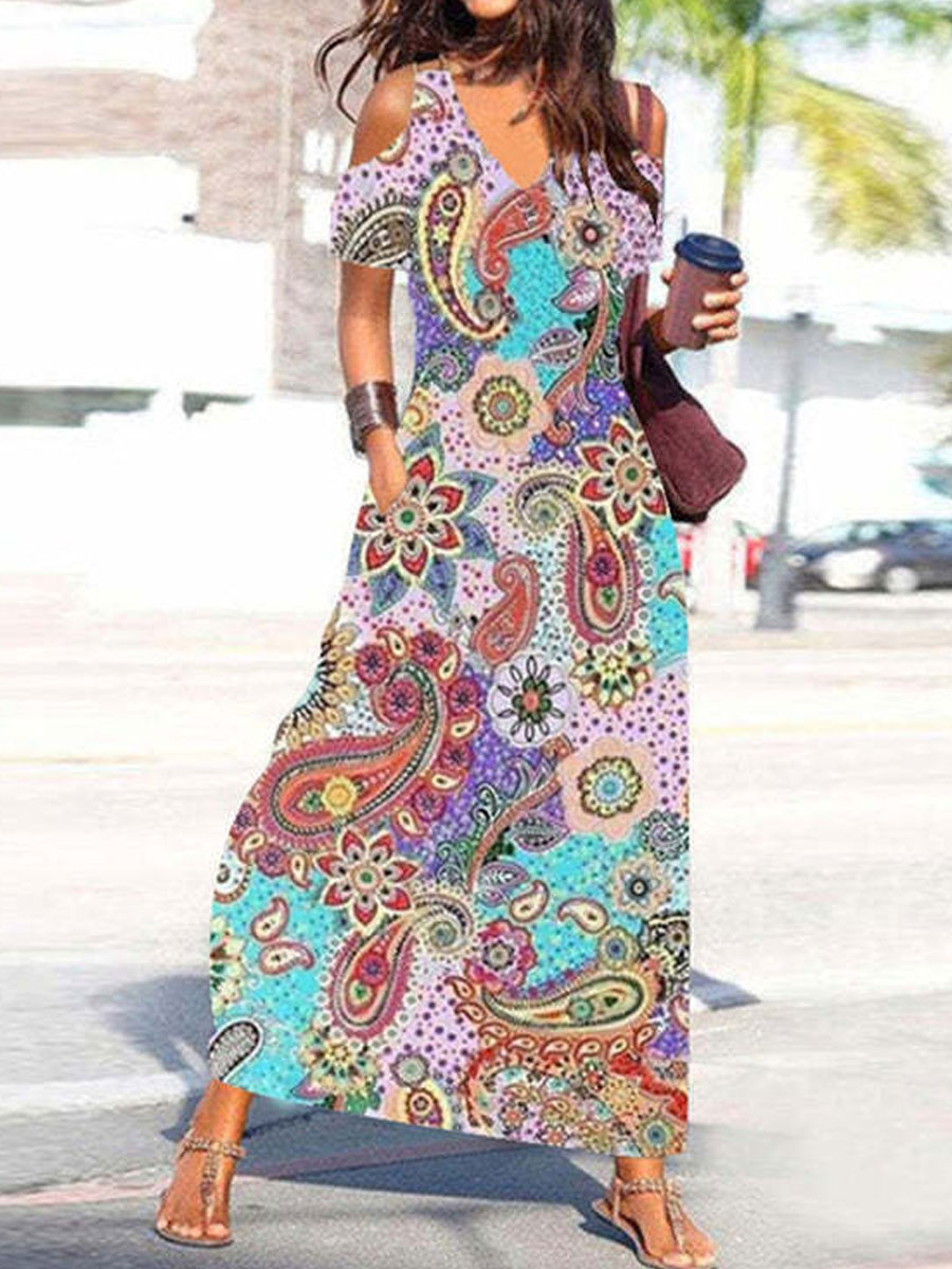 V neck Casual Loose Paisley Print Cutout Short Sleeve Maxi Dress