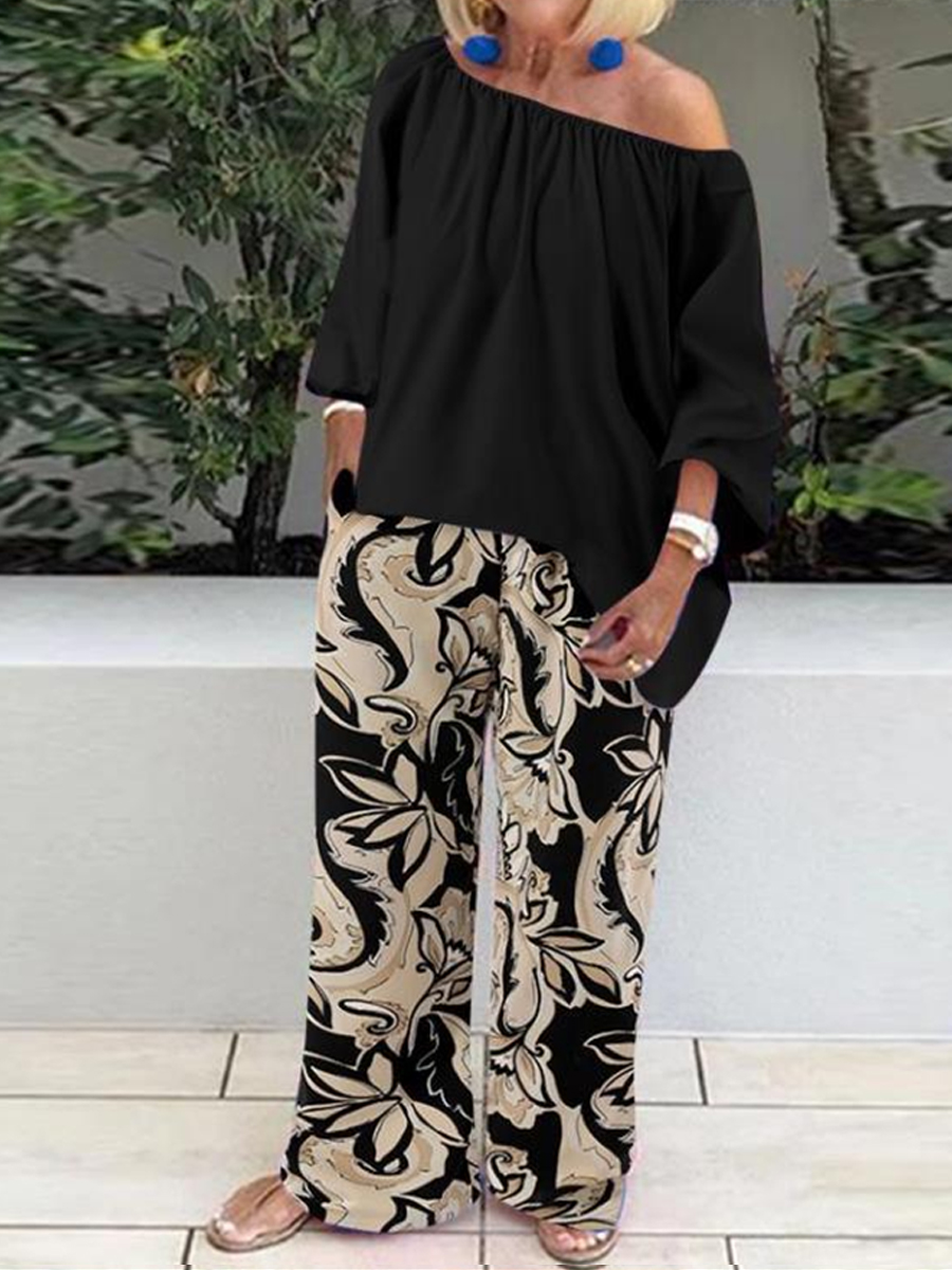 One Shoulder Floral Print Casual Loose Two Piece Suit