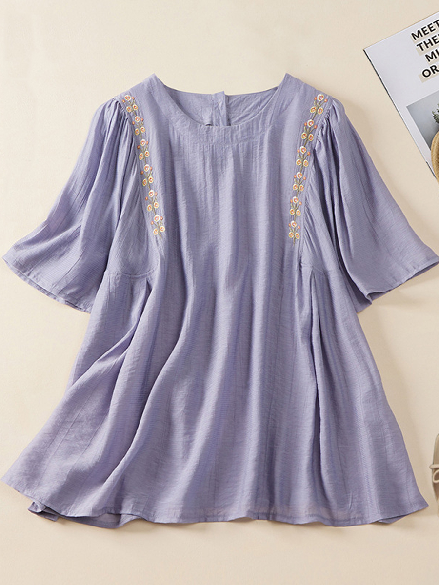 Casual Solid Embroidered Loose Crew Neck Short Sleeve Blouse