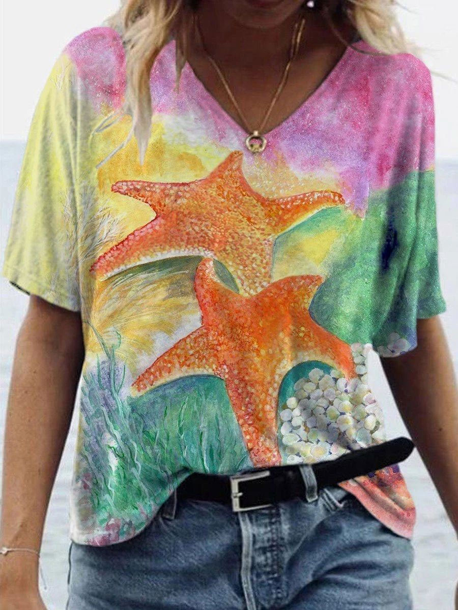 V neck Casual Oversized Starfish Floral Print Short Sleeve T shirt