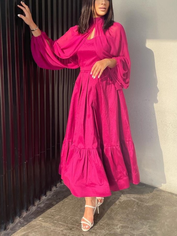 Women's Fashion Simple Rose Red Raglan Sleeve Slit Long Sleeve Piece Dress