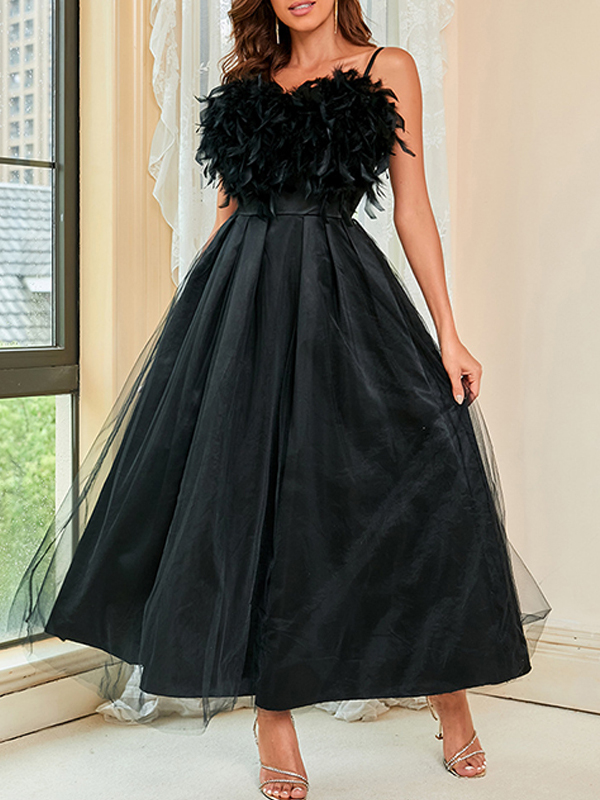 Ladies Elegant Sexy Feather Sling Mesh Evening Dress