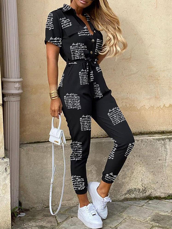 Ladies Elegant Casual Lapel Button Up Jumpsuit
