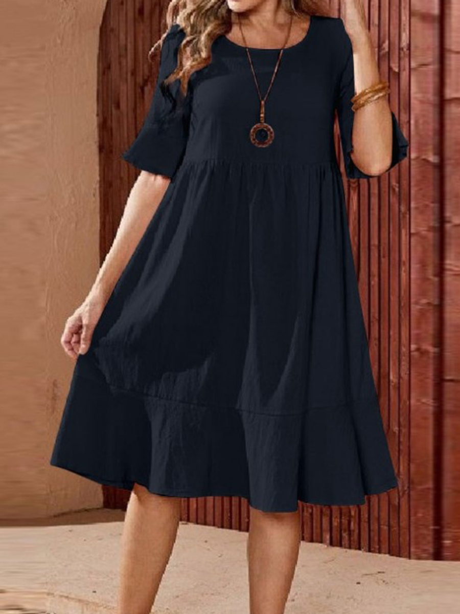 Summer Solid Color Cotton And Linen Round Neck Short Sleeve Dress