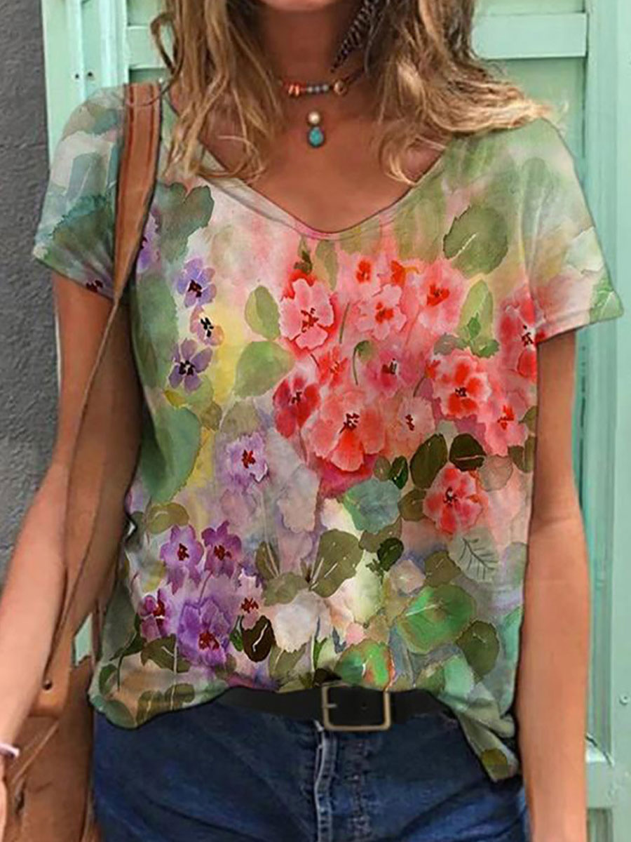V neck Casual Loose Floral Print Short Sleeve T shirt