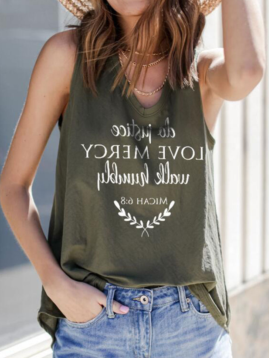 V neck Casual Loose Letter Print Sleeveless T shirt
