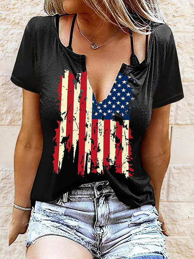Round Neck Casual Loose Flag Print Short Sleeve T shirt