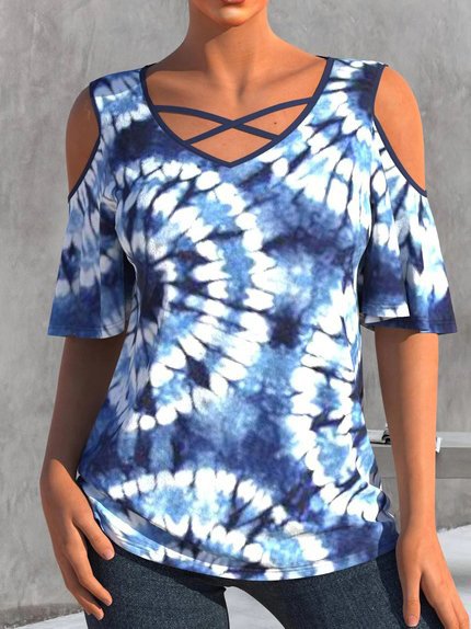 V neck Cutout Casual Loose Tie dye Printed Short Sleeve T shirt