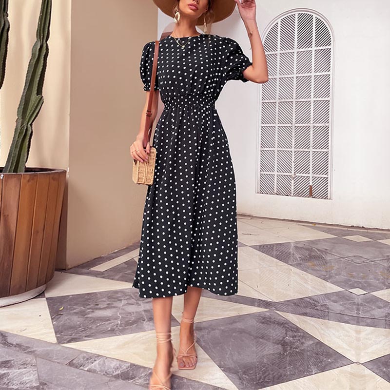 Ladies Elegant Black Polka Dot Slim Dress