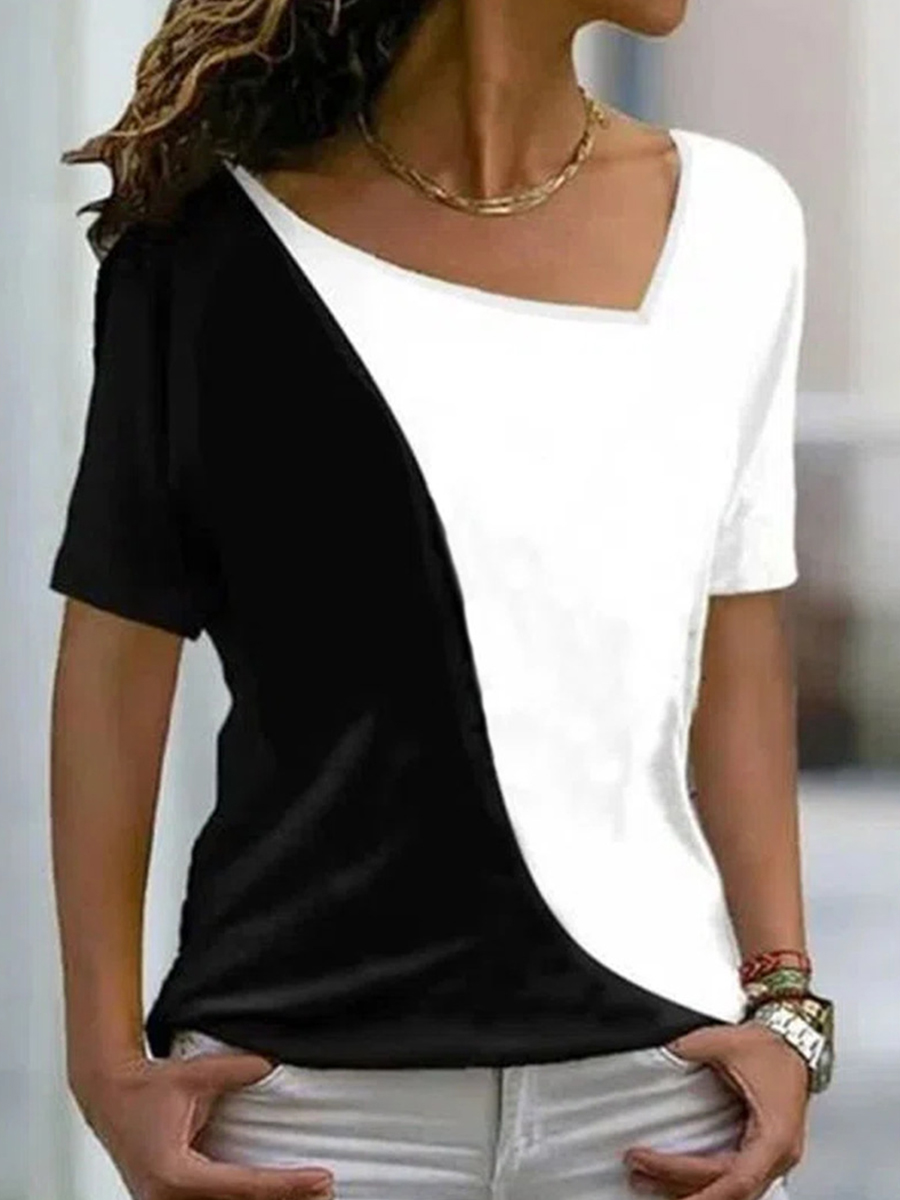Summer Colorblock Print Loose Square Neck Short Sleeve T Shirt