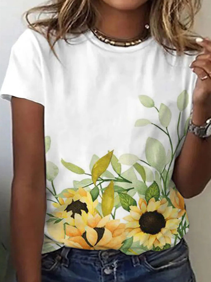 Casual Floral Round Neck Short Sleeve T Shirt