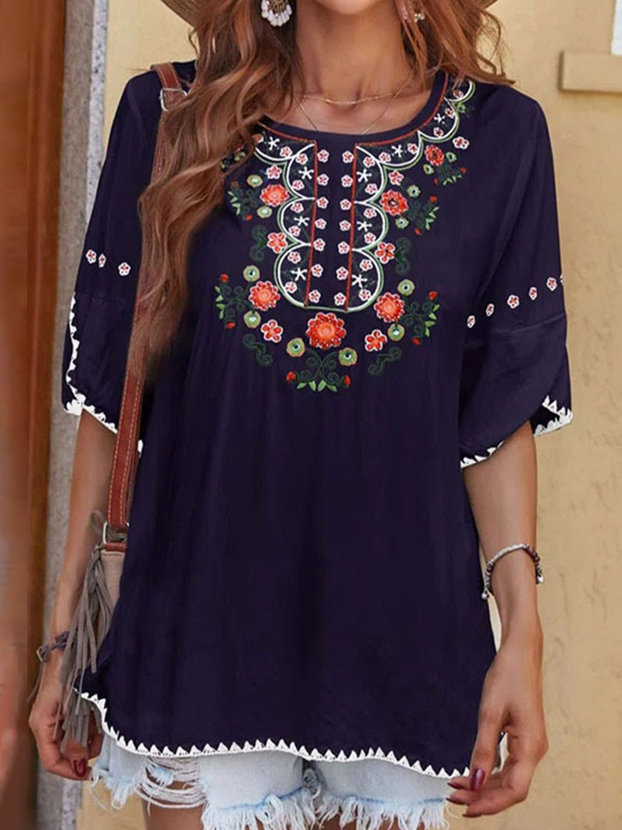 Ethnic Crew Neck Short Sleeve T Shirt