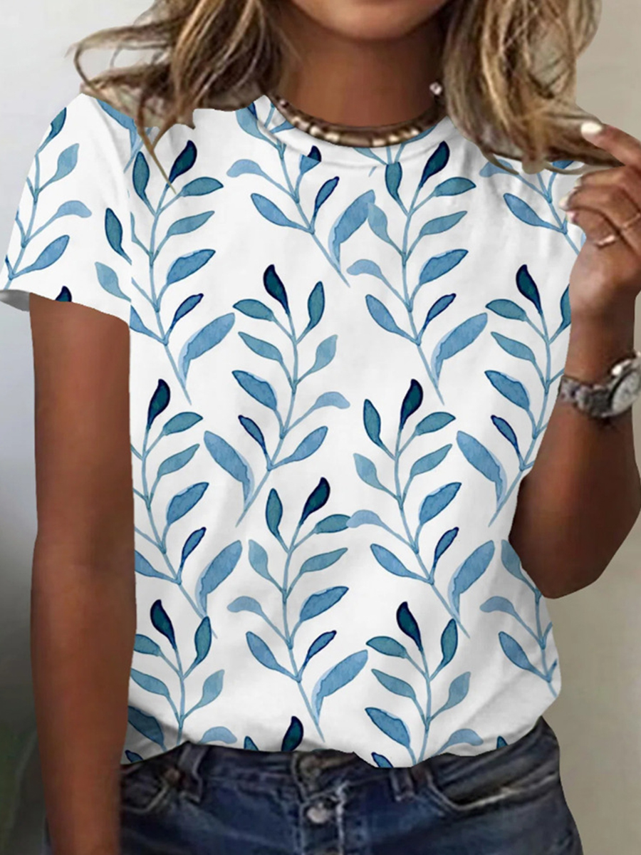 Summer Round Neck Leaf Print Casual Short Sleeve T Shirt