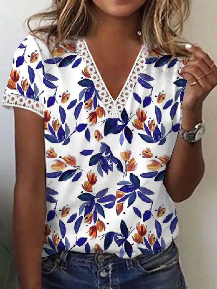 Summer Floral Print Lace Short Sleeve V Neck T Shirt