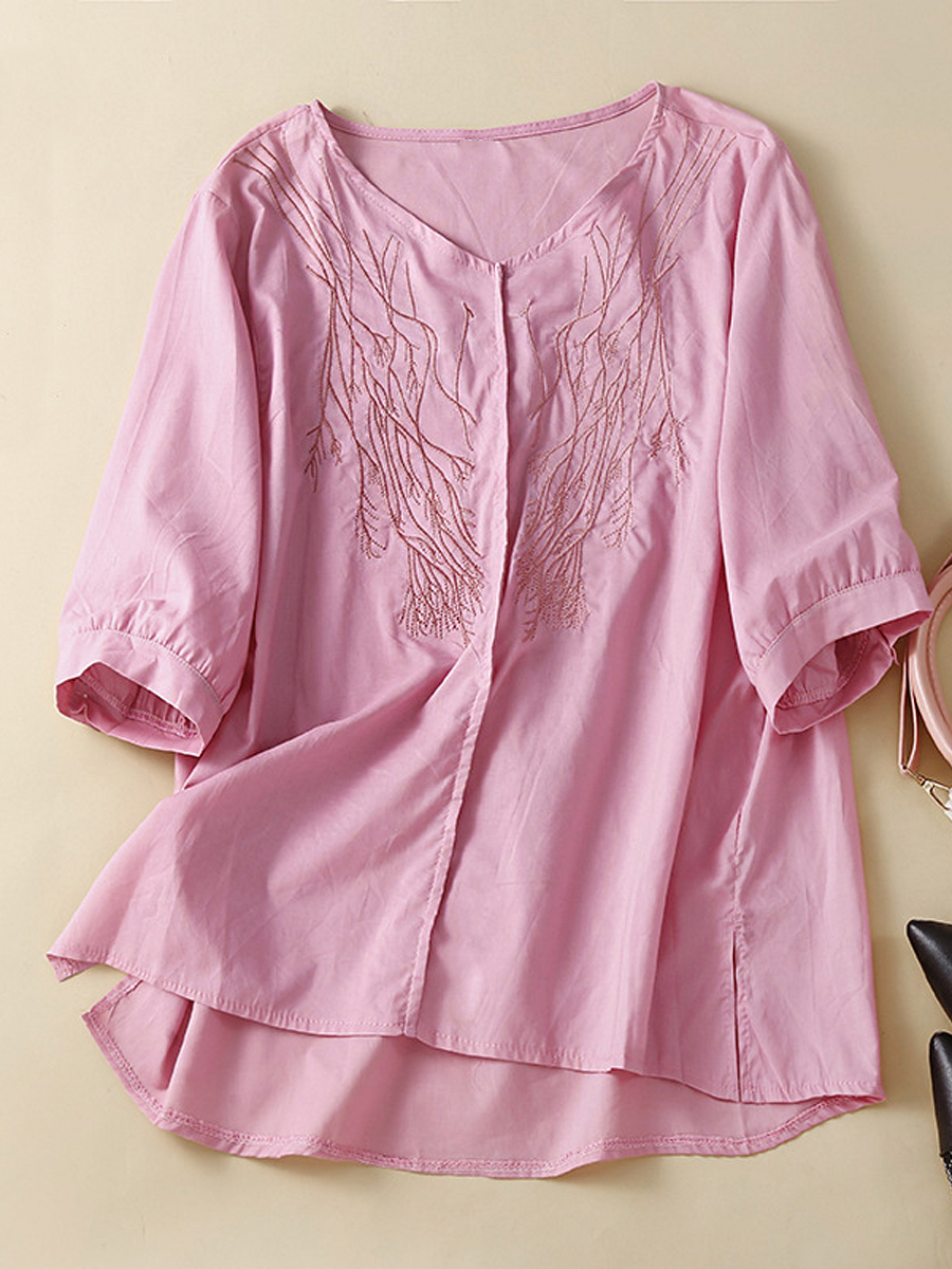 Casual Embroidered Solid Color Loose V Neck Short Sleeve Blouse