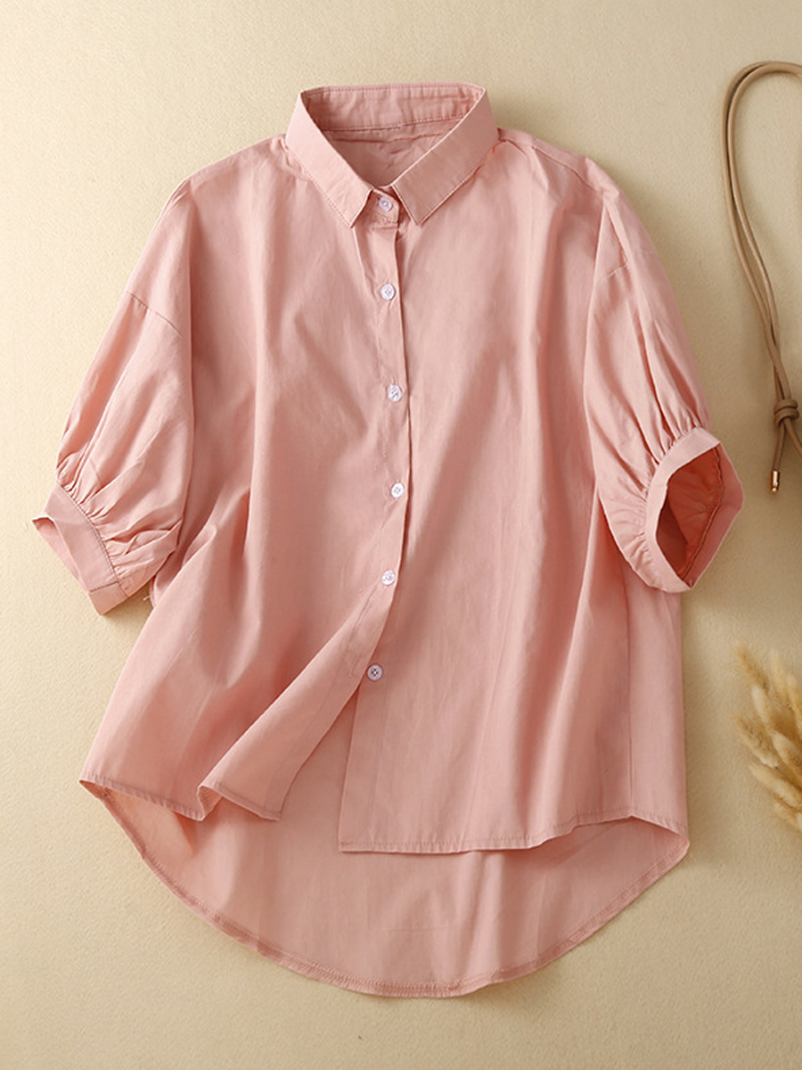 Casual Solid Color Lapel Loose Short Sleeve Blouse