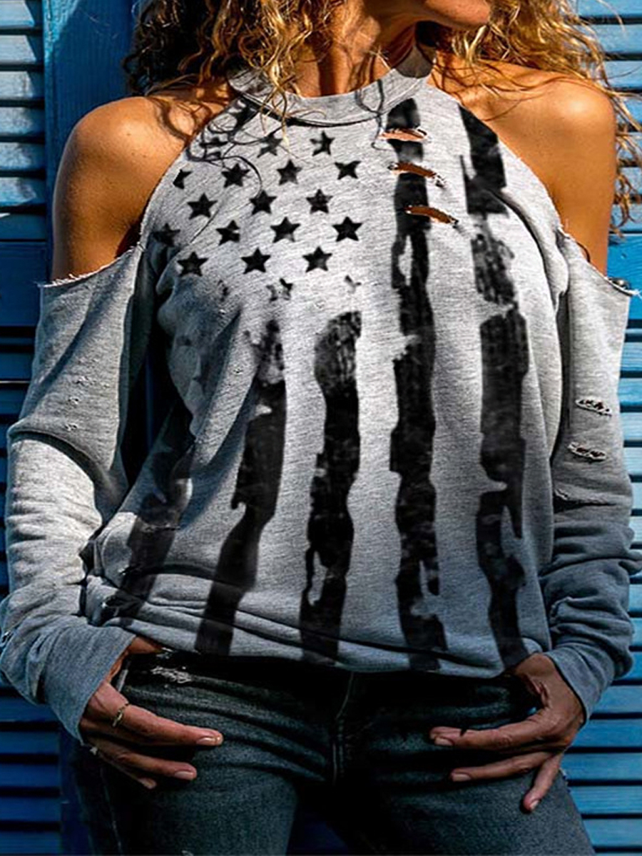 Casual Independence Day Printed Hollow Cutout Long Sleeve T Shirt