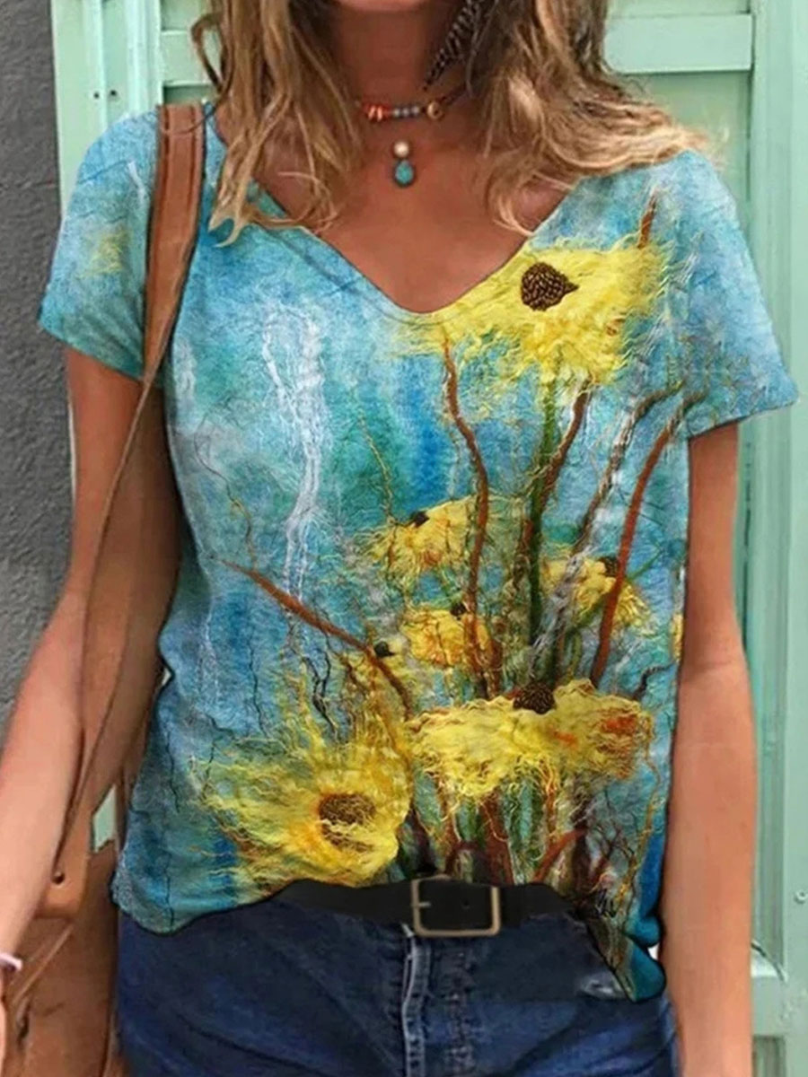 V neck Casual Loose Floral Print Short Sleeve T shirt