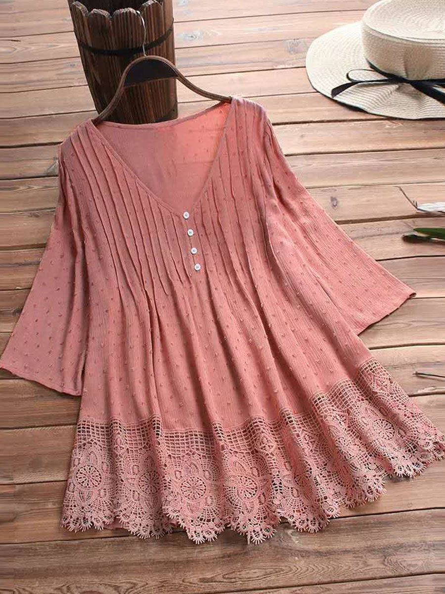 V neck Casual Loose Lace Panel Sunscreen Mid sleeve Blouse