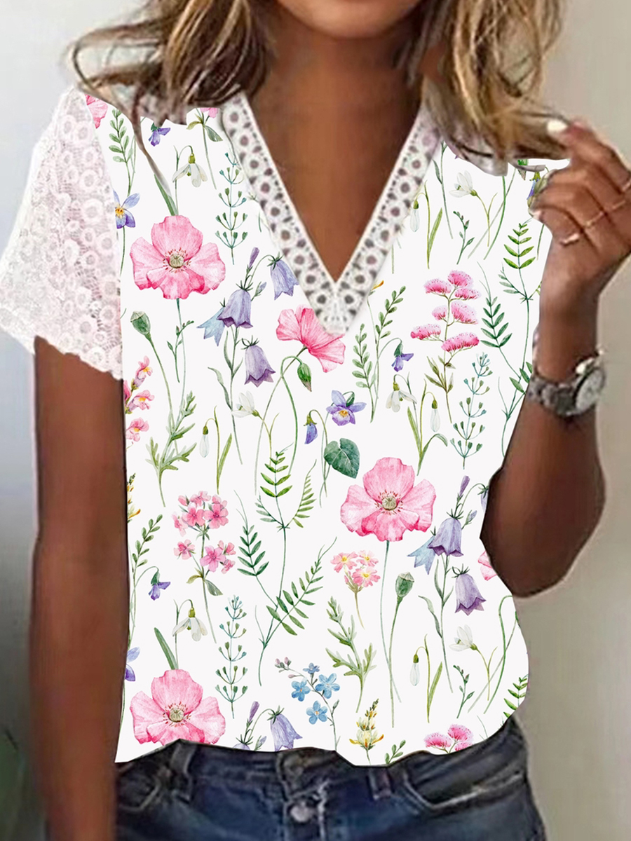 Summer Printed Lace V Neck Short Sleeve T Shirt