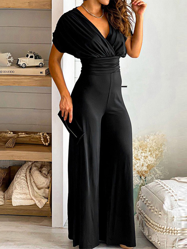 Ladies Elegant Solid Color V Neck Jumpsuit
