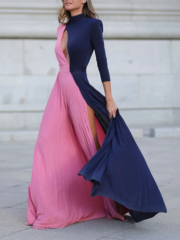 Ladies Elegant Sexy Round Neck Slit Long Sleeve Colorblock Dress