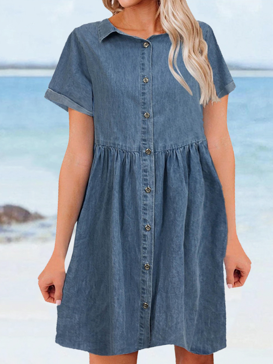 Casual Loose Solid Color Lapel Short Sleeve Short Dress